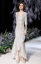 Silver V-Neck Sequin High-Low Mermaid Dress - Silver