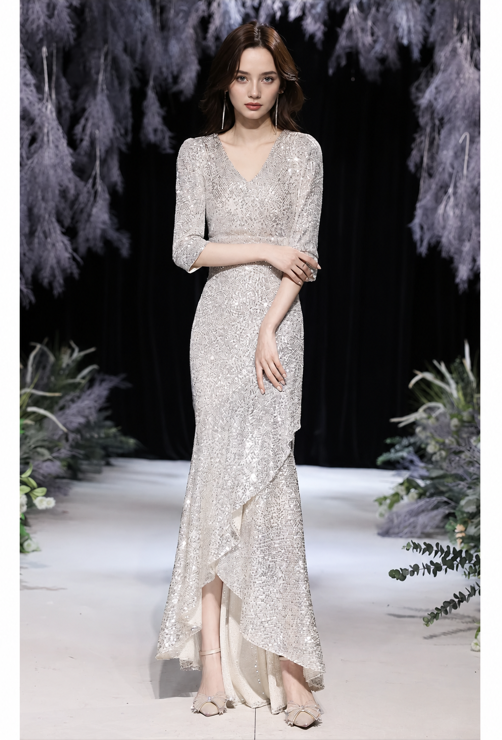 Silver V-Neck Sequin High-Low Mermaid Dress - Silver