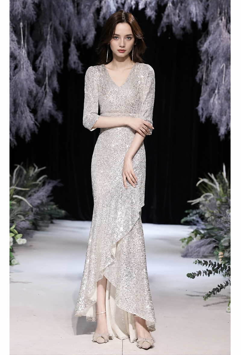 Silver V-Neck Sequin High-Low Mermaid Dress - Silver
