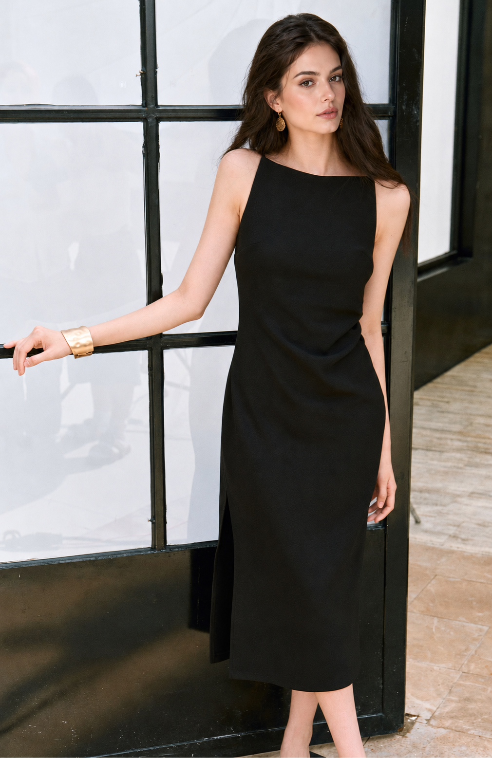 Sleeveless Boat Neck Side Slit Midi Dress - Black