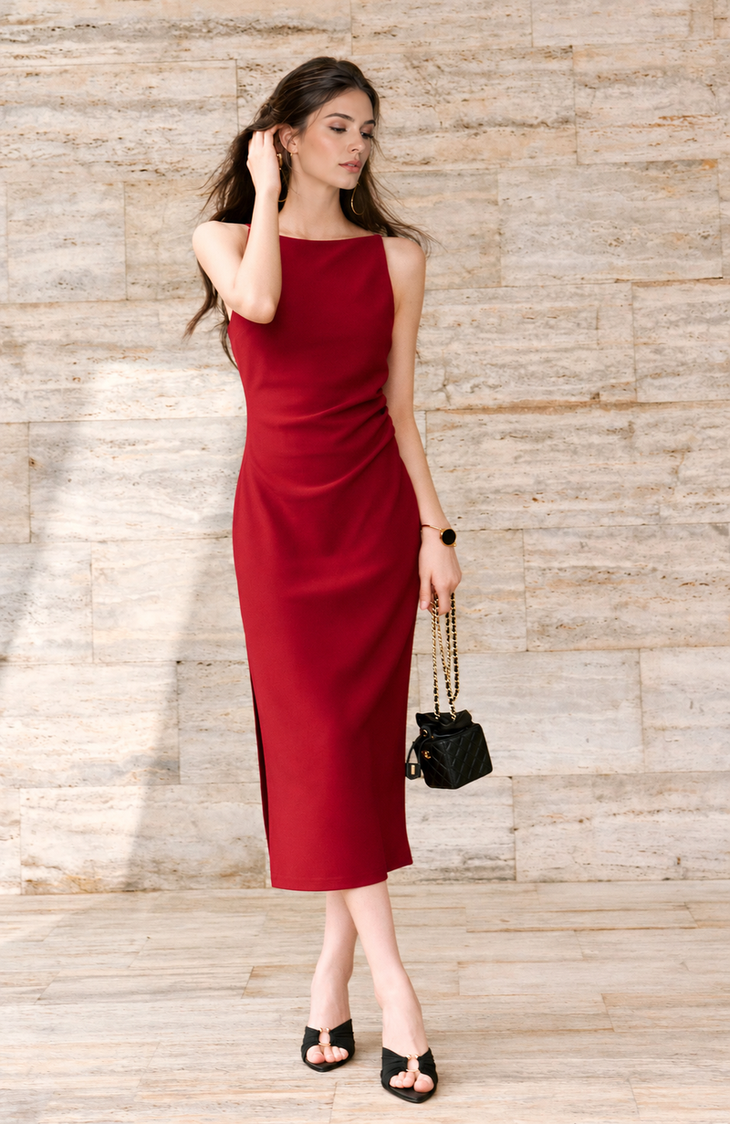 Sleeveless Boat Neck Side Slit Midi Dress - Red
