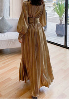 Metallic Deep V-Neck Slit Evening Gown - garment detail