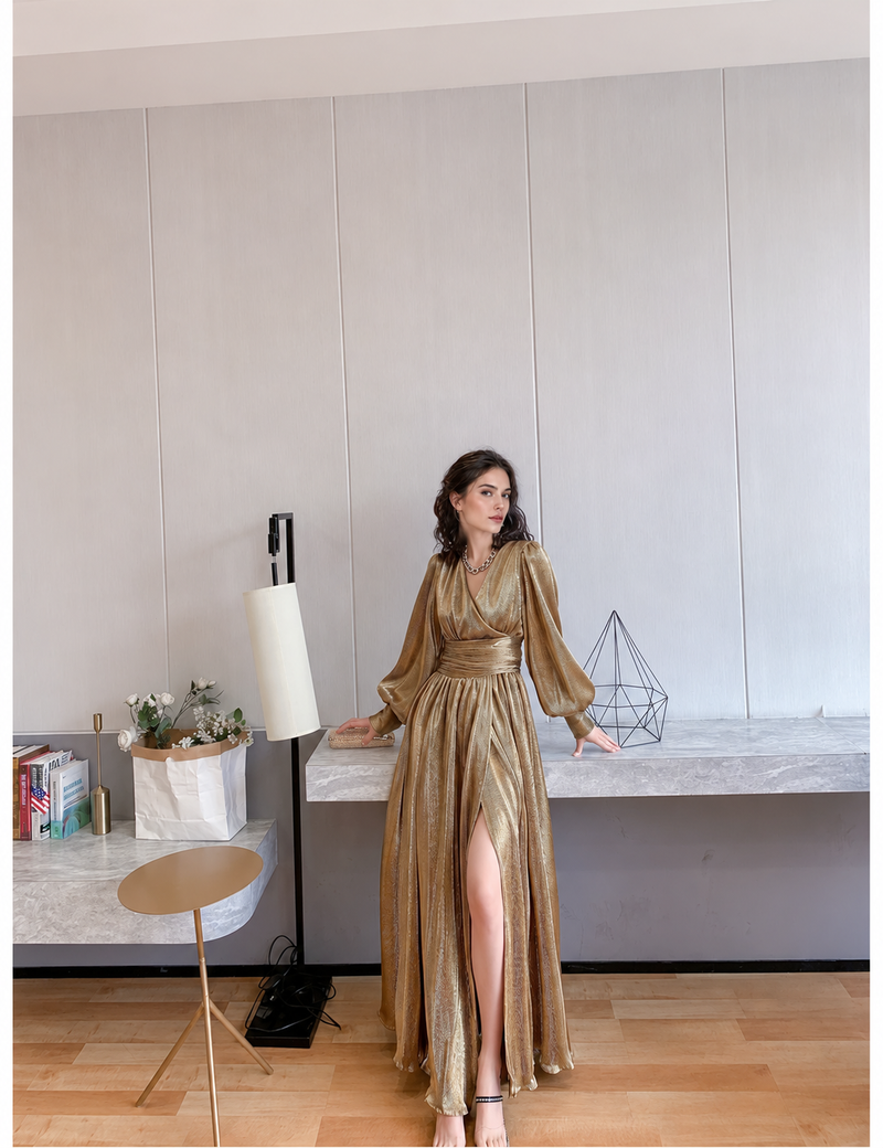 Metallic Deep V-Neck Slit Evening Gown - Gold