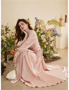Metallic Deep V-Neck Slit Evening Gown - Pink