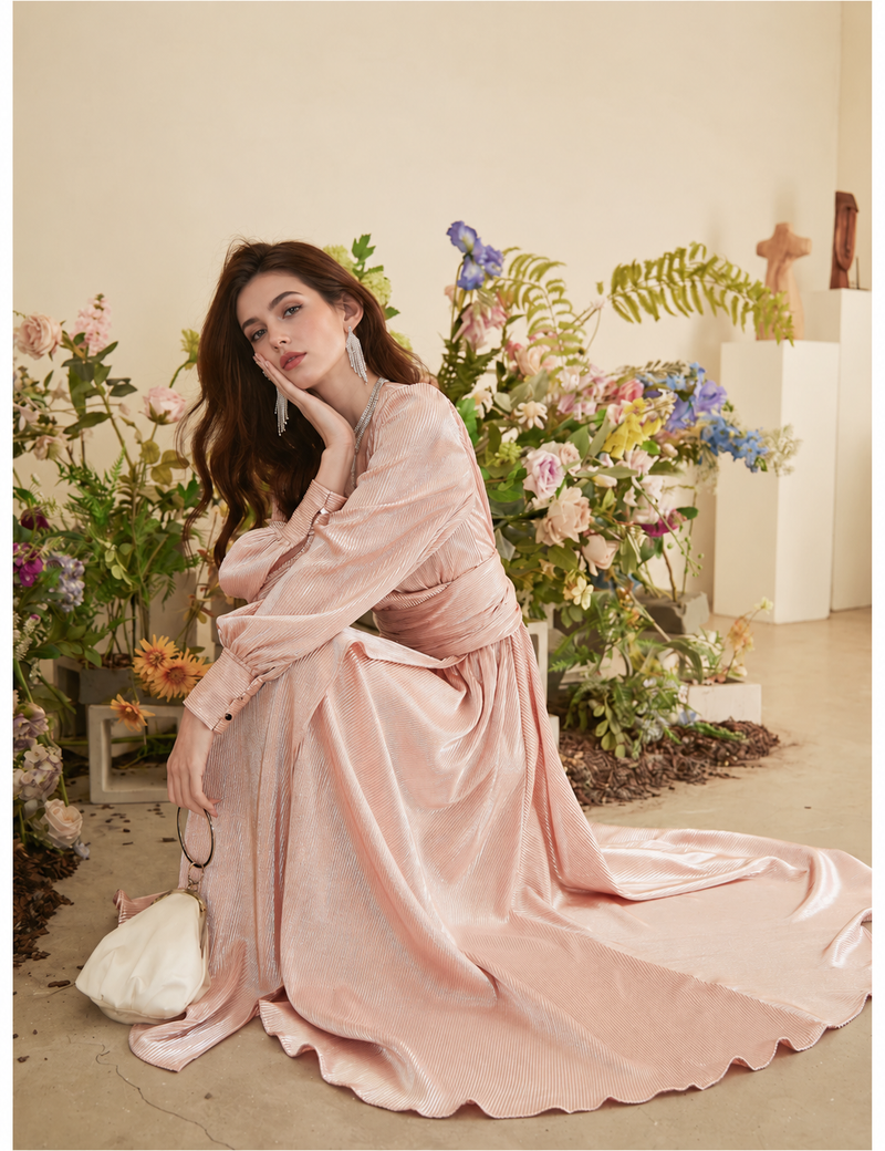 Metallic Deep V-Neck Slit Evening Gown - Pink