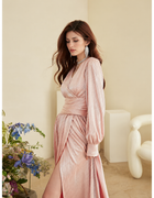 Metallic Deep V-Neck Slit Evening Gown - Pink