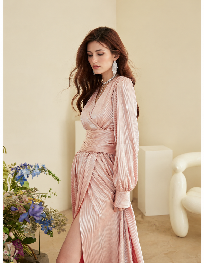 Metallic Deep V-Neck Slit Evening Gown - Pink