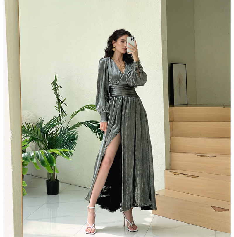 Metallic Deep V-Neck Slit Evening Gown - Silver Grey