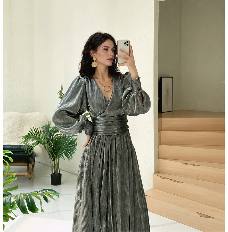 Metallic Deep V-Neck Slit Evening Gown - Silver Grey