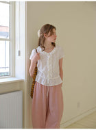 French Ruffle Collar Lyocell Linen Blouse, Lace Trim Short Sleeve Drawstring Waist Top for Women, Casual Summer Shirt