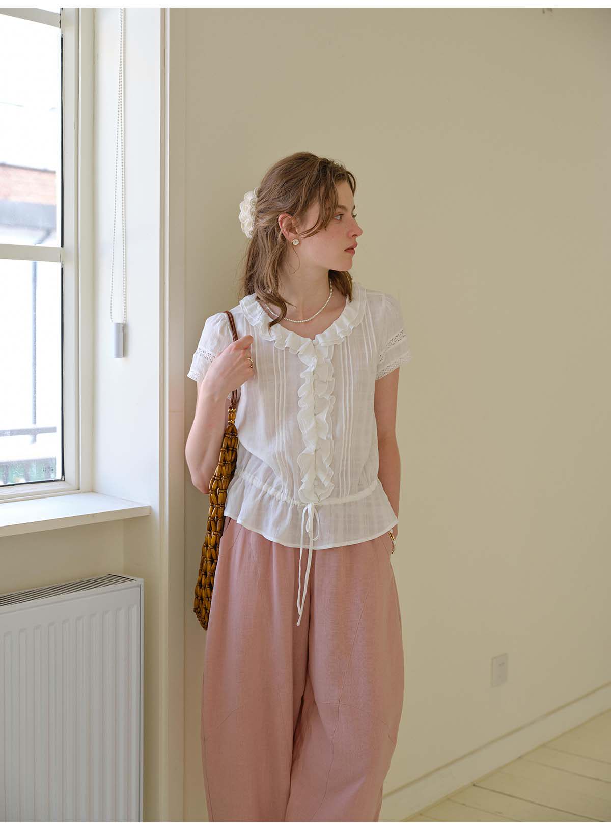 French Ruffle Collar Lyocell Linen Blouse, Lace Trim Short Sleeve Drawstring Waist Top for Women, Casual Summer Shirt