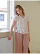 French Ruffle Collar Lyocell Linen Blouse, Lace Trim Short Sleeve Drawstring Waist Top for Women, Casual Summer Shirt