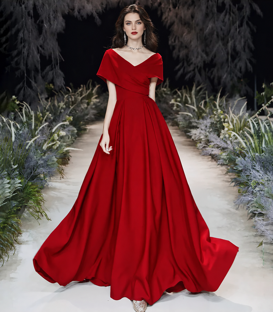 Red V-Neck Short-Sleeve A-Line Maxi Dress