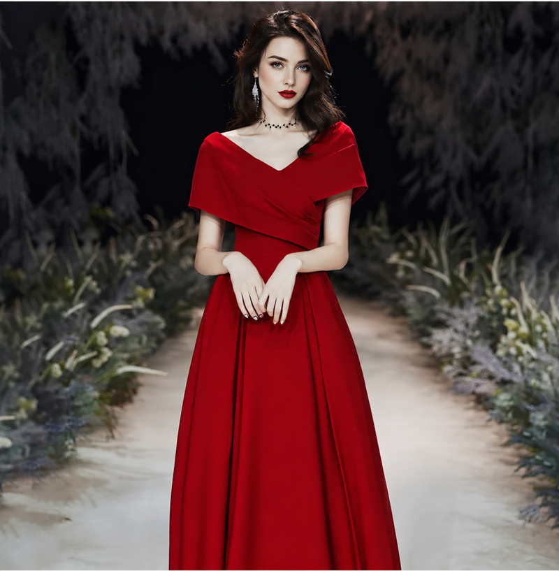 Red V-Neck Short-Sleeve A-Line Maxi Dress - Red