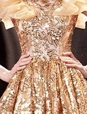 Gold Sequin Full-Skirt Prom Ball Gown - garment detail