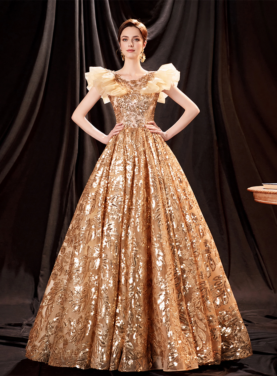 Gold Sequin Full-Skirt Prom Ball Gown