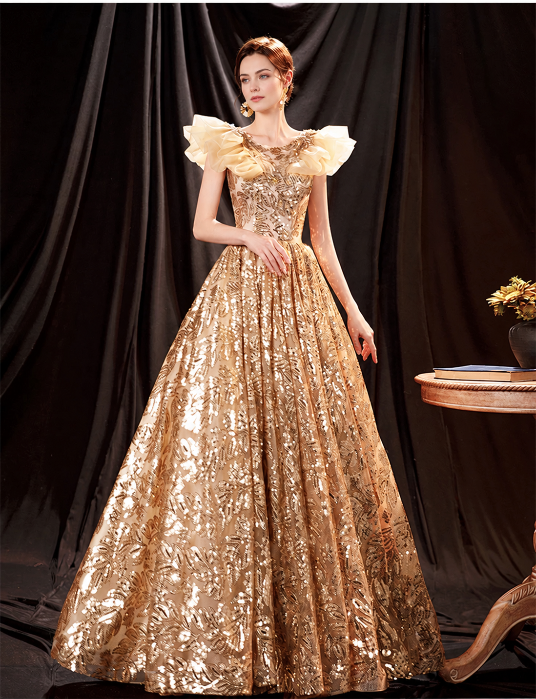 Gold Sequin Full-Skirt Prom Ball Gown - Gold