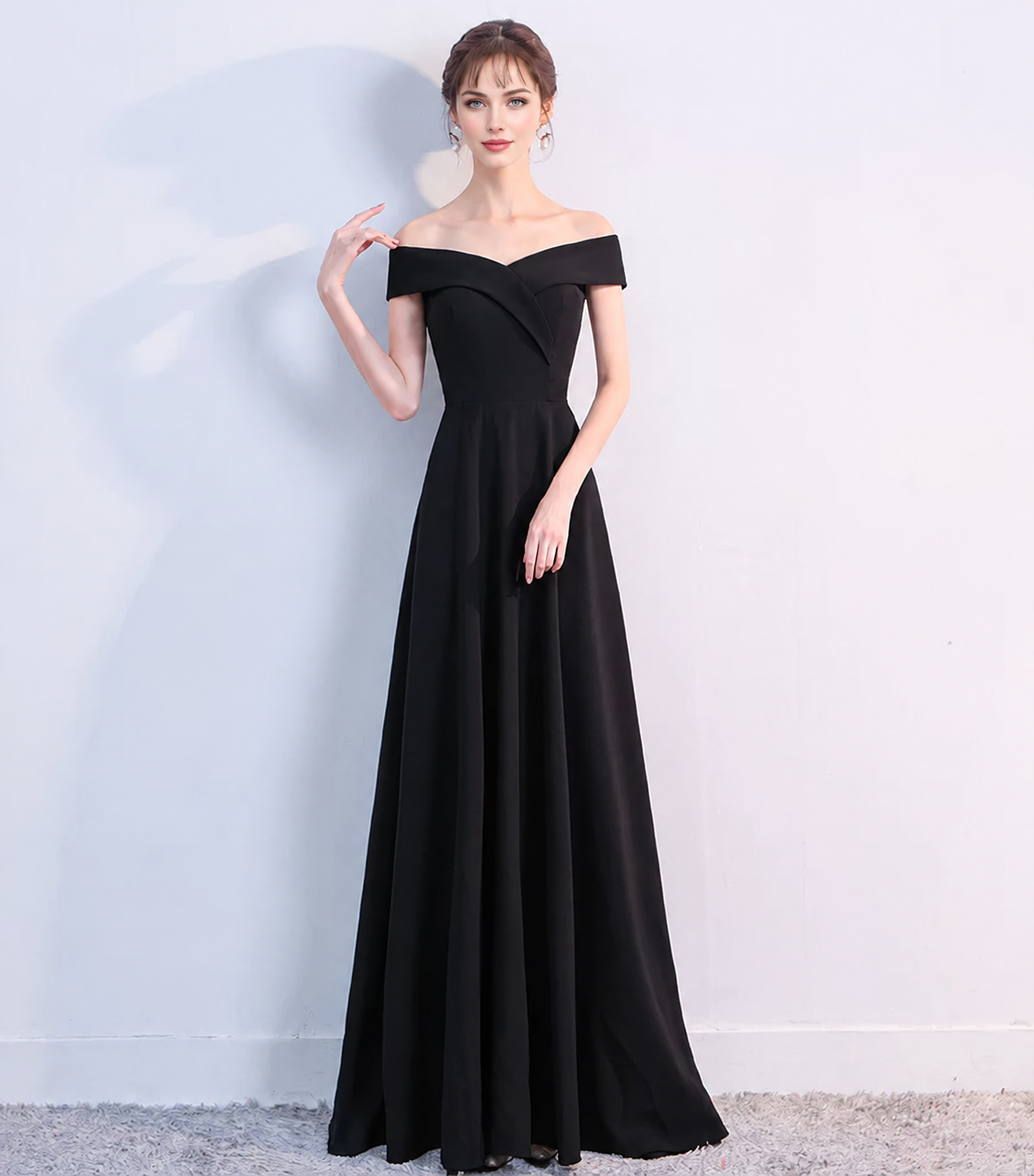 Fold-Over Off-Shoulder A-Line Maxi Dress - Black