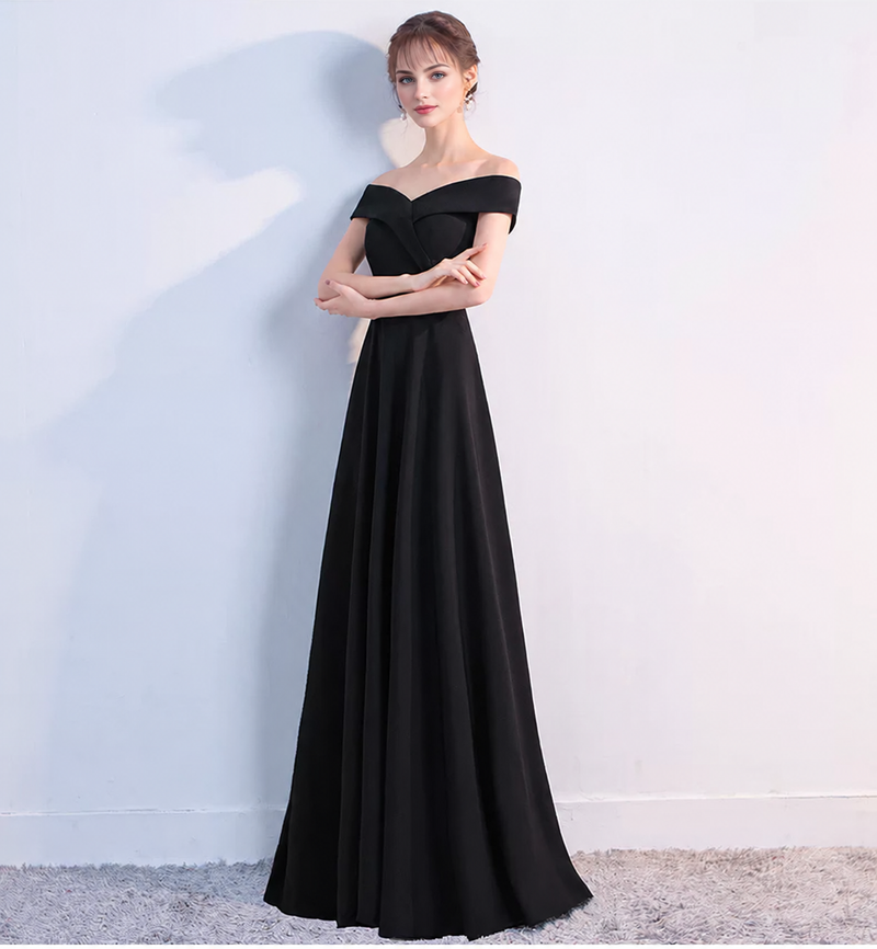 Fold-Over Off-Shoulder A-Line Maxi Dress - Black