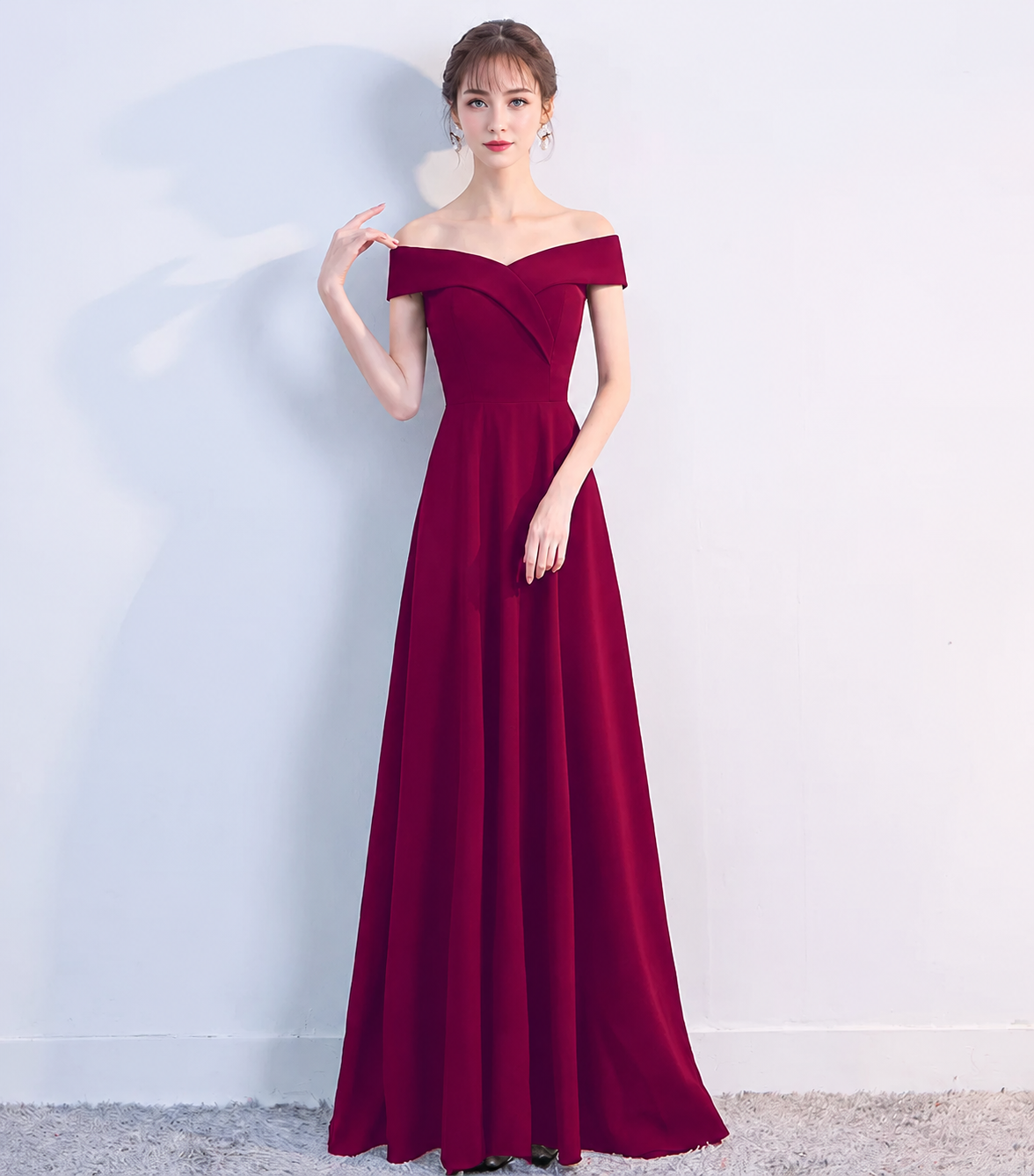 Fold-Over Off-Shoulder A-Line Maxi Dress - Burgundy