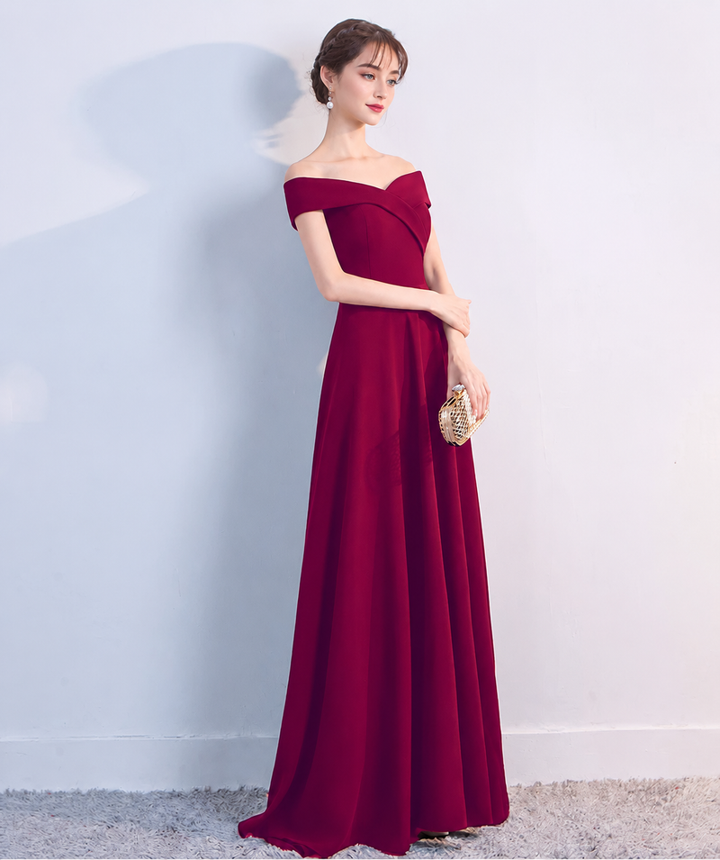 Fold-Over Off-Shoulder A-Line Maxi Dress - Burgundy