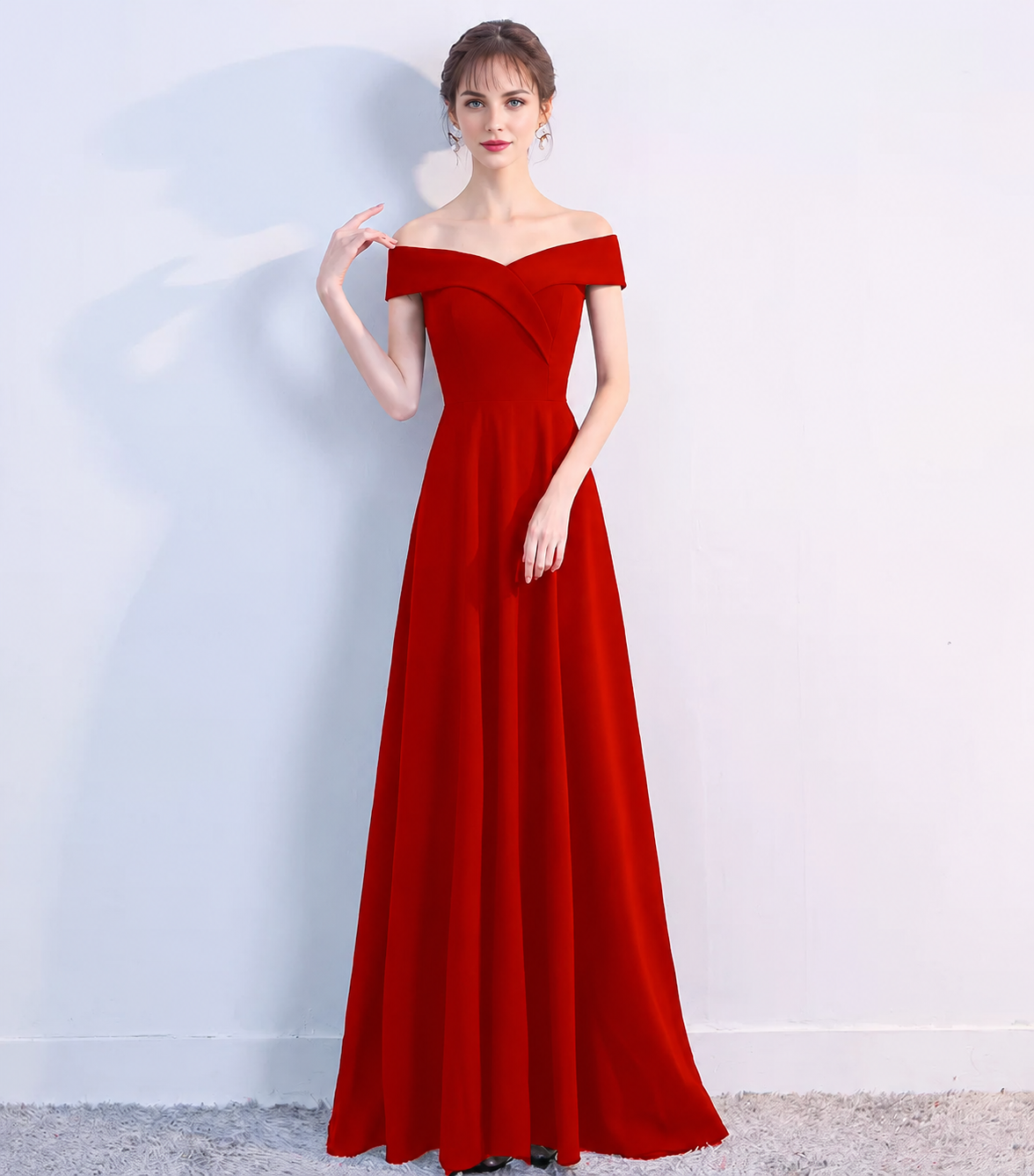 Fold-Over Off-Shoulder A-Line Maxi Dress - Red