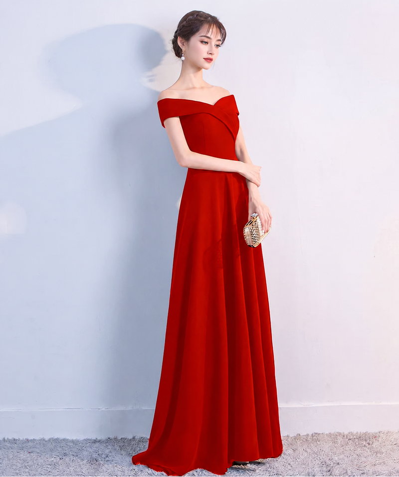 Fold-Over Off-Shoulder A-Line Maxi Dress - Red