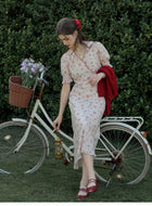 Women's French Floral Print Midi Dress | V-Neck Puff Sleeve Tea Party Dress