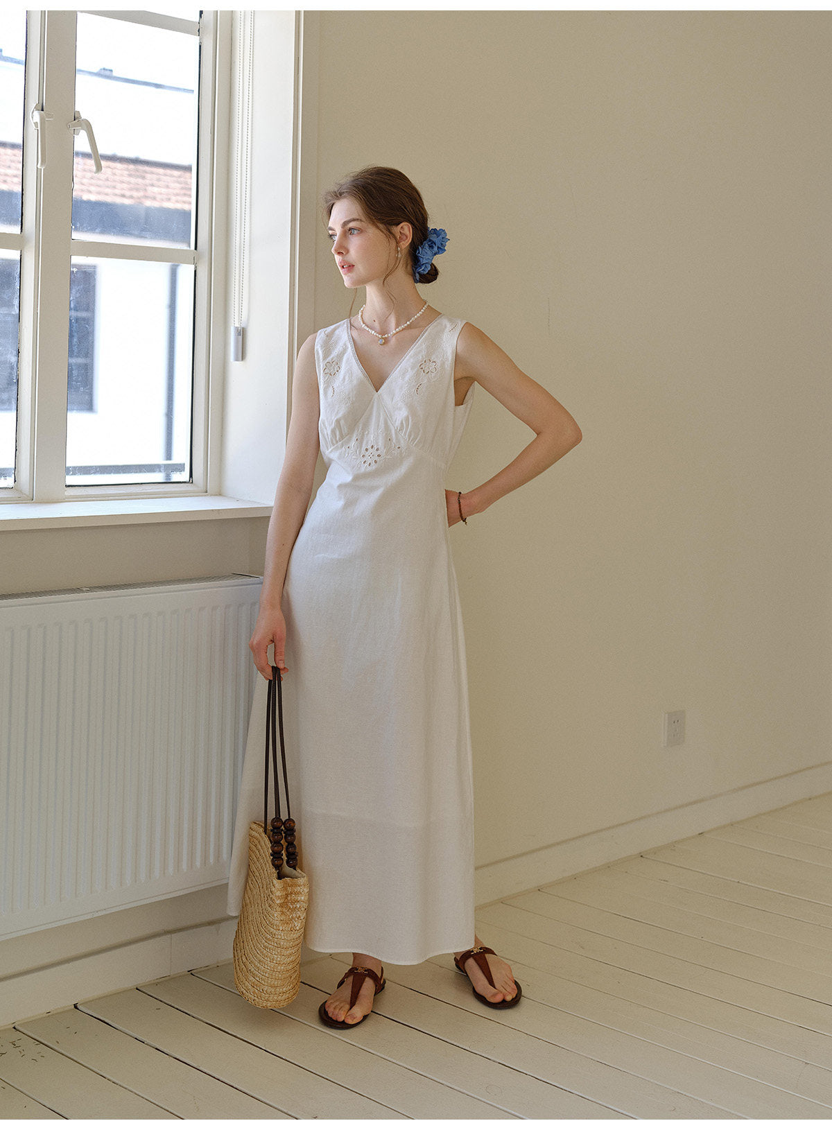 White Linen Cotton Blend Maxi Dress with Floral Embroidery for Women