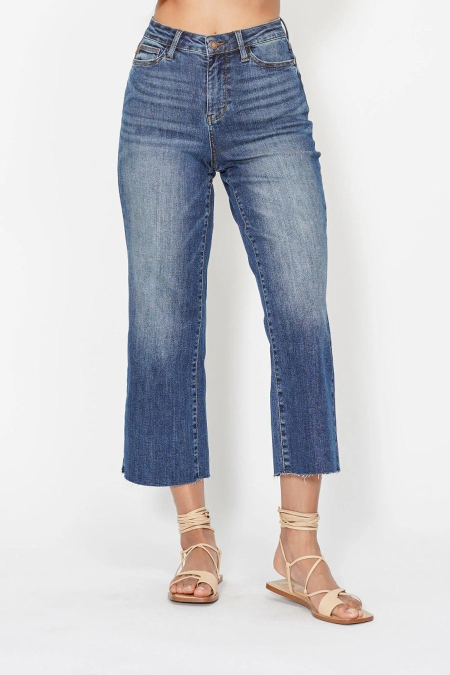 Blue High Waist Back Pocket Embroidery Crop Wide Jeans