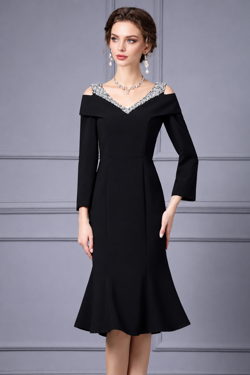 Embellished Off-Shoulder Fishtail Midi Dress - Black / Three-quarter Sleeves