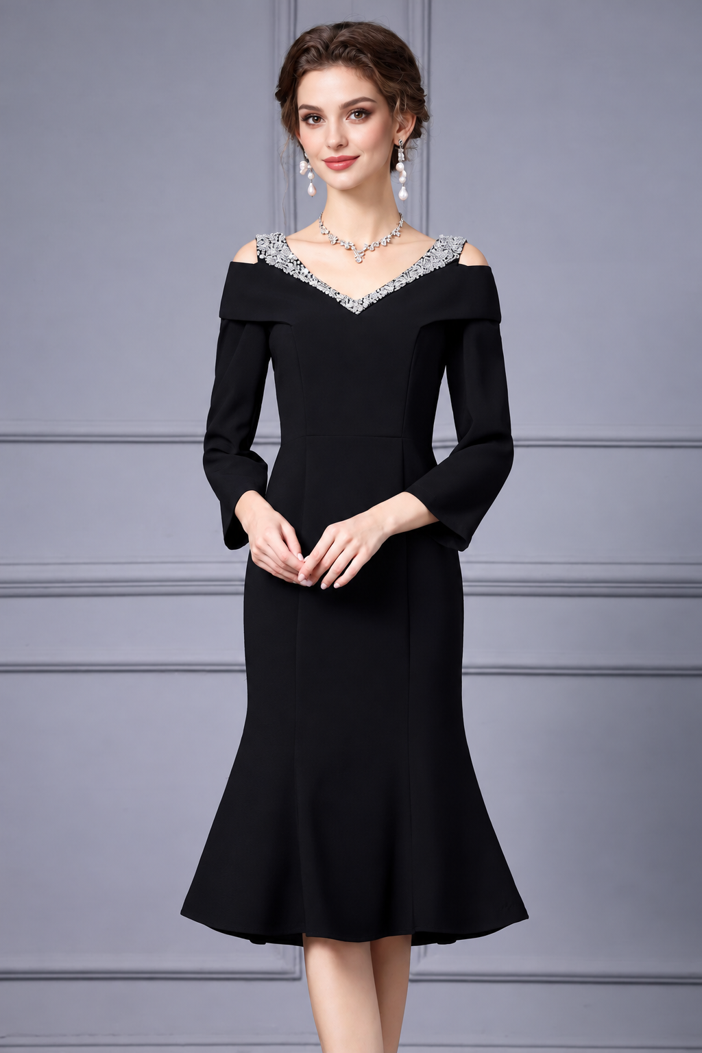 Embellished Off-Shoulder Fishtail Midi Dress - Black / Three-quarter Sleeves