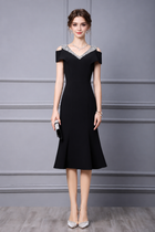 Embellished Off-Shoulder Fishtail Midi Dress - Black