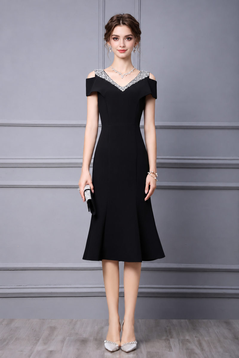 Embellished Off-Shoulder Fishtail Midi Dress - Black