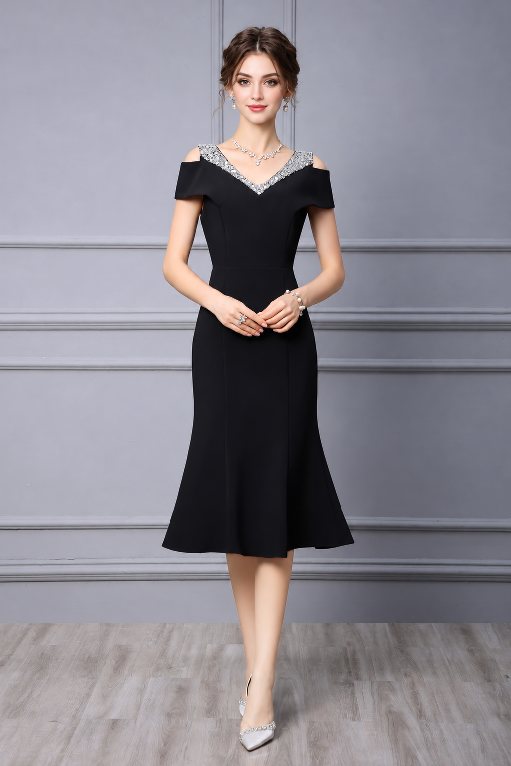 Embellished Off-Shoulder Fishtail Midi Dress - Black