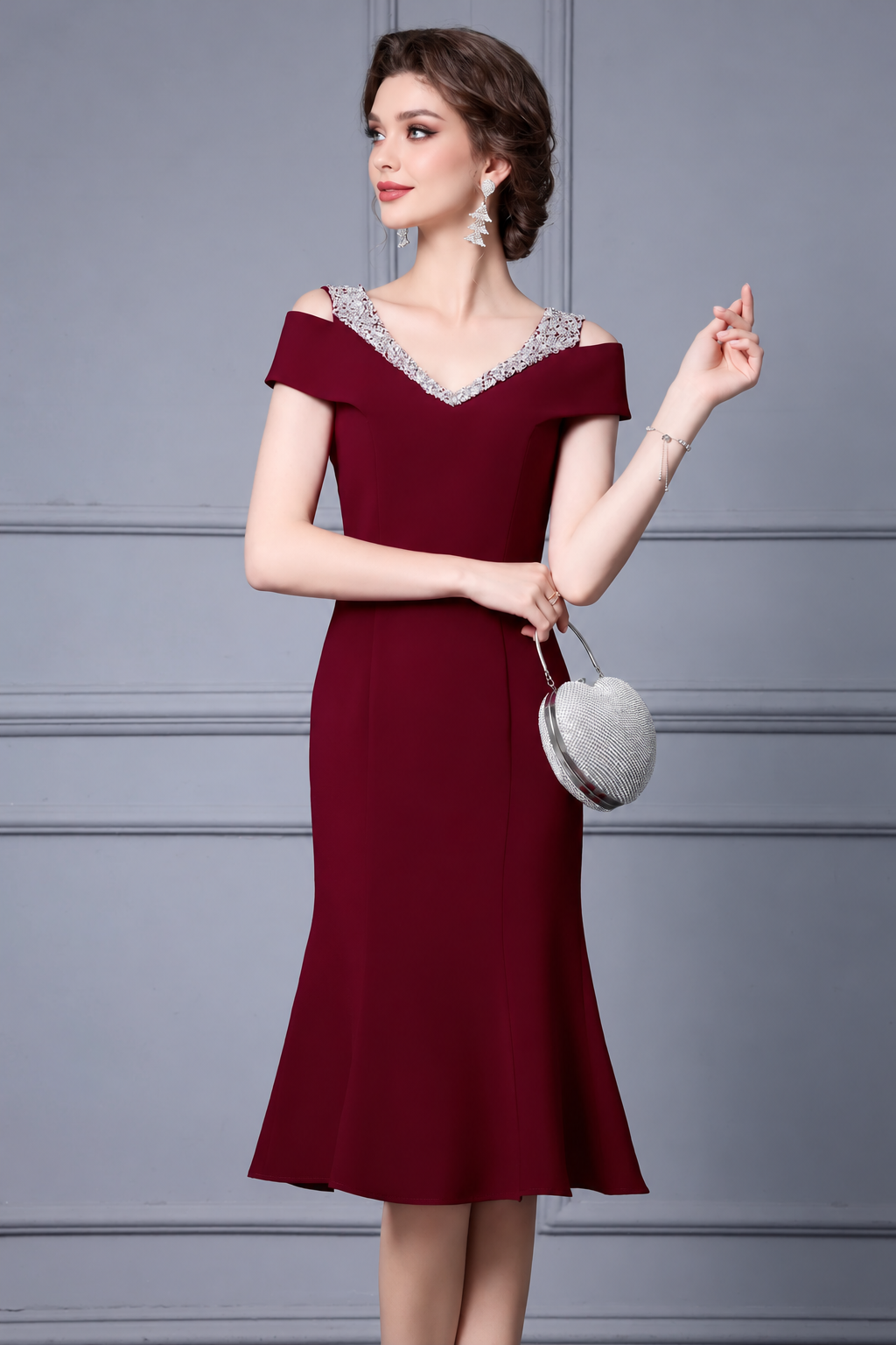 Embellished Off-Shoulder Fishtail Midi Dress - Burgundy