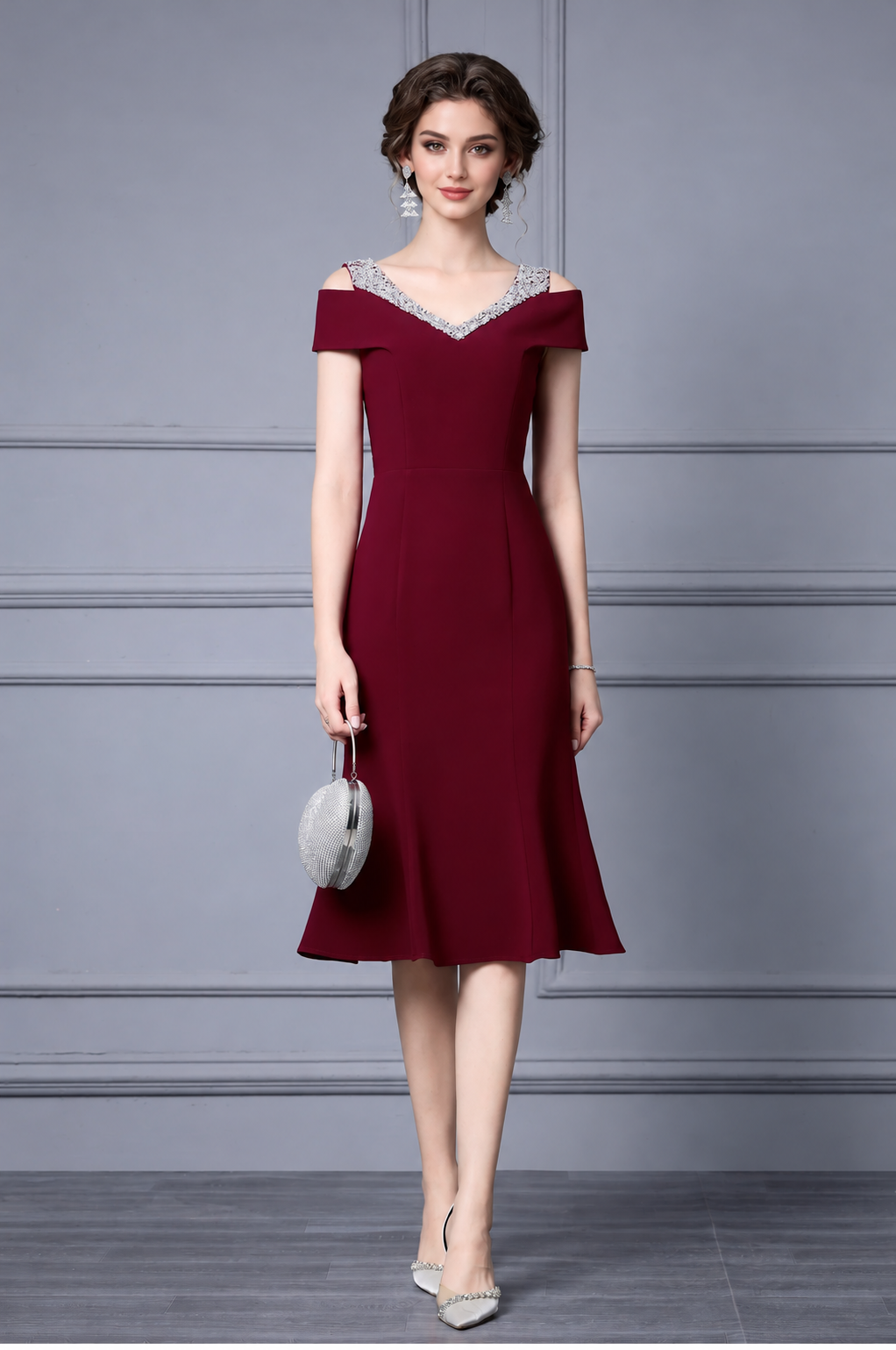 Embellished Off-Shoulder Fishtail Midi Dress - Burgundy