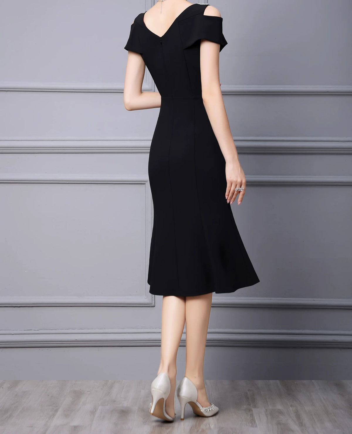 Embellished Off-Shoulder Fishtail Midi Dress - garment detail