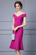 Embellished Off-Shoulder Fishtail Midi Dress - Magenta