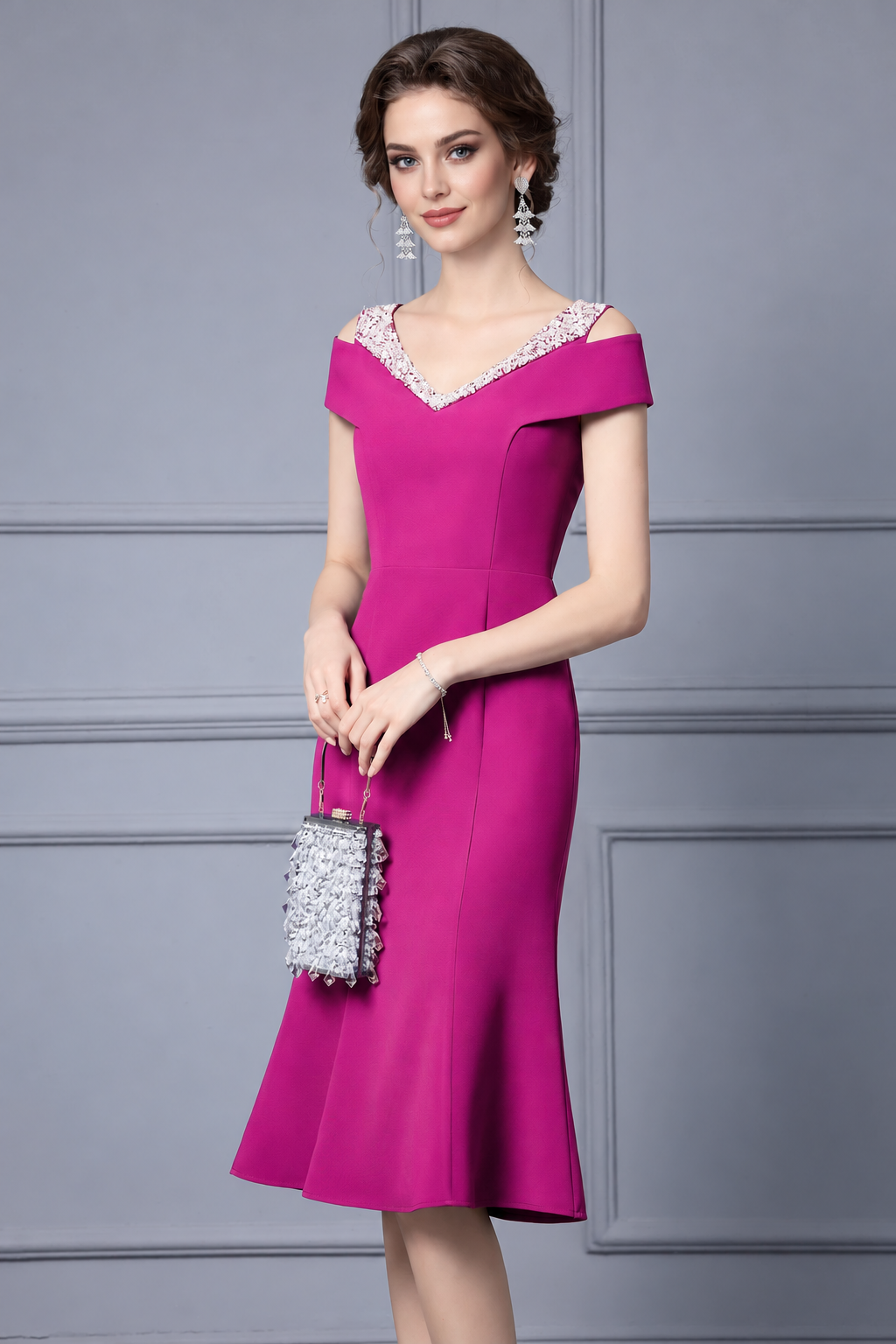 Embellished Off-Shoulder Fishtail Midi Dress - Magenta