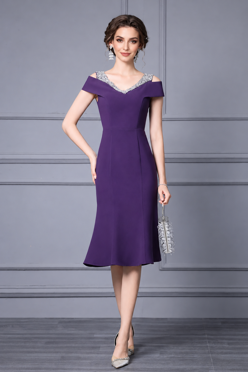Embellished Off-Shoulder Fishtail Midi Dress - Purple