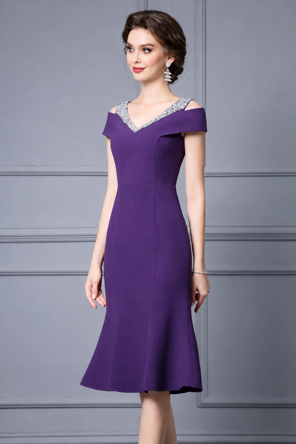 Embellished Off-Shoulder Fishtail Midi Dress - Purple
