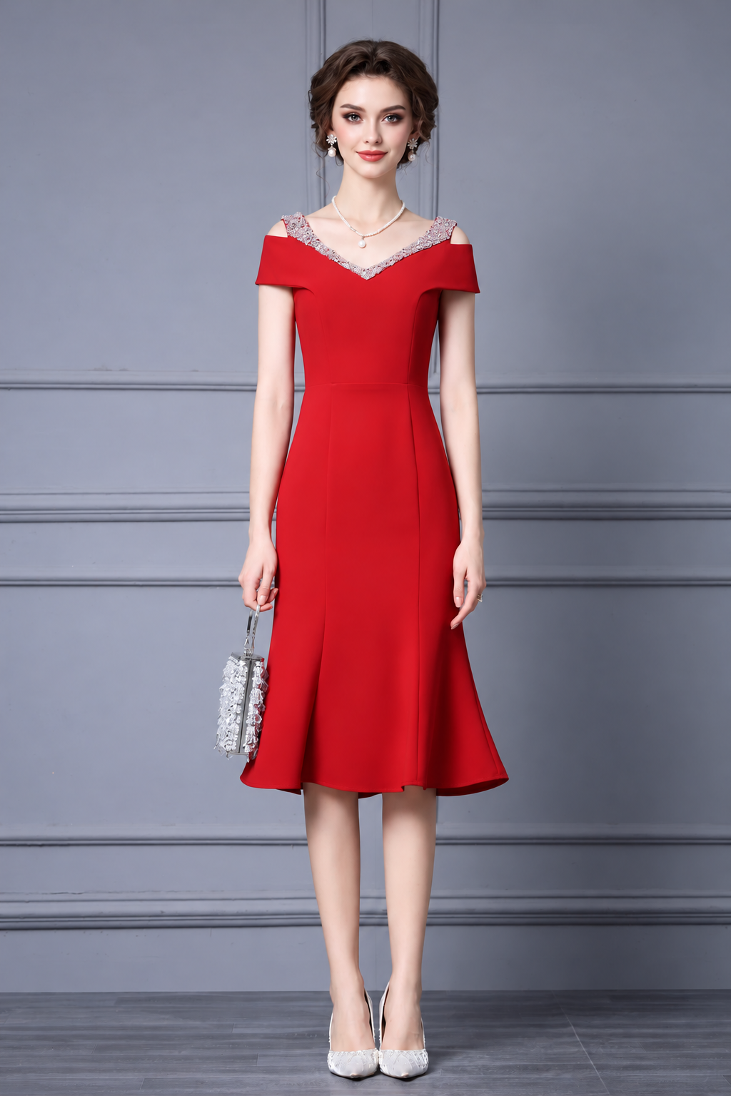 Embellished Off-Shoulder Fishtail Midi Dress - Red