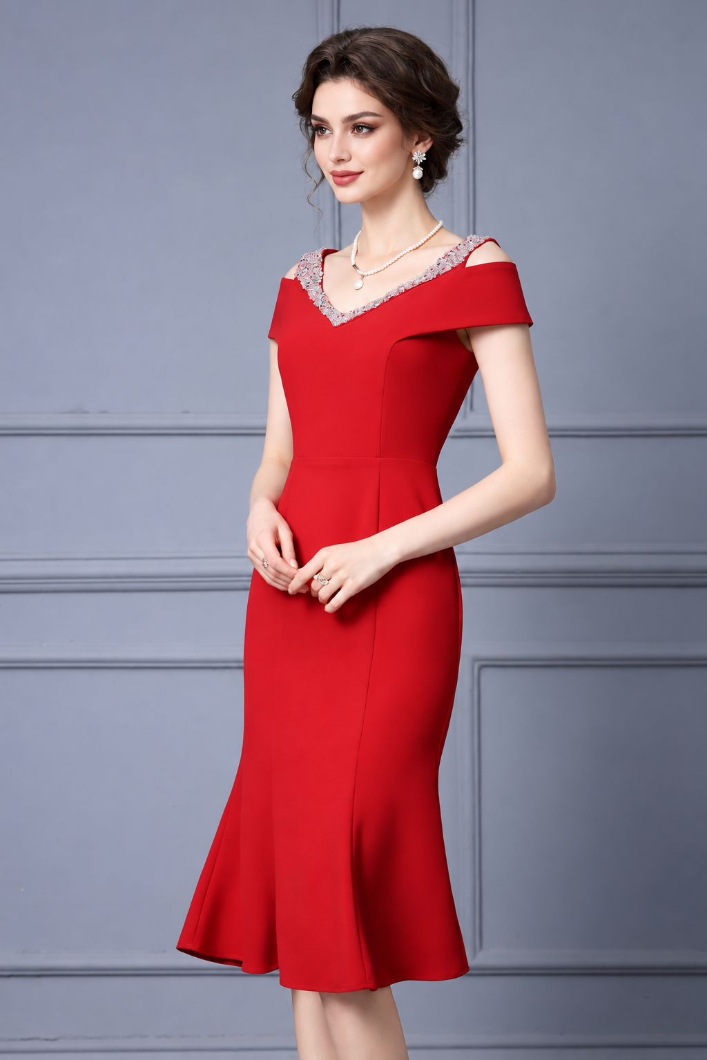 Embellished Off-Shoulder Fishtail Midi Dress - Red