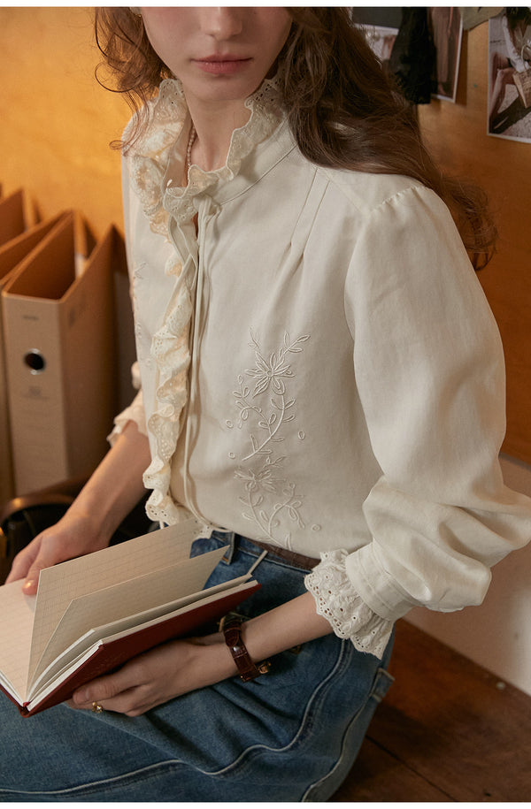 French Court Style Lace Ruffle Tencel Cotton Blouse
