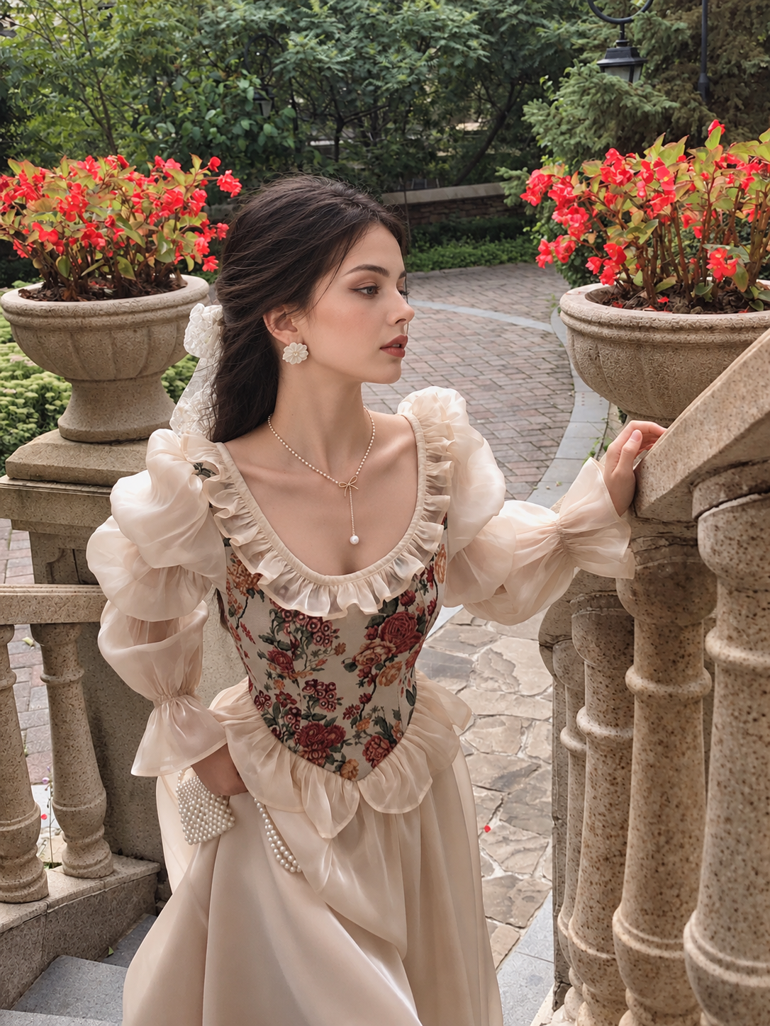 Floral Corset Long-Sleeve Maxi Dress - Champagne Floral