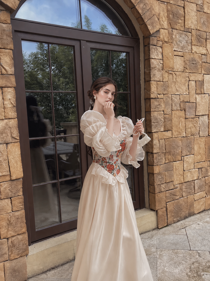 Floral Corset Long-Sleeve Maxi Dress - Champagne Floral