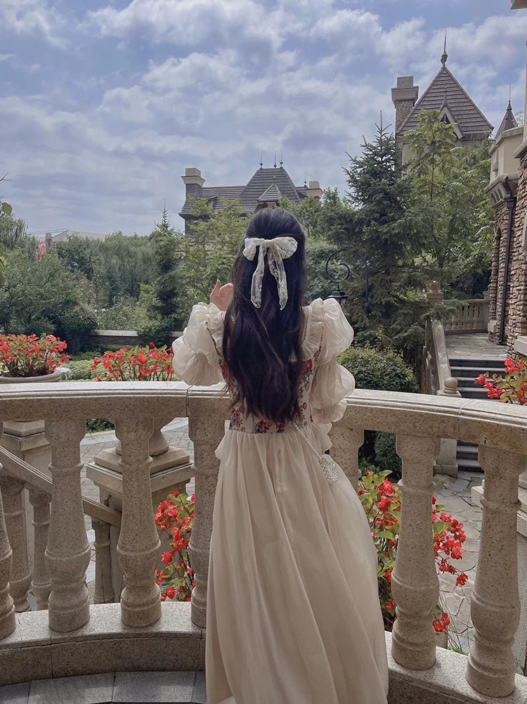 Floral Corset Long-Sleeve Maxi Dress - garment detail