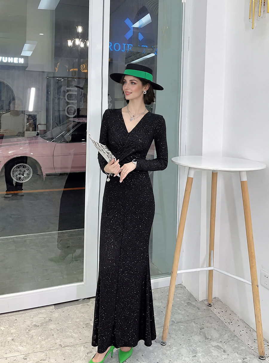 Shimmer Long-Sleeve Wrap Maxi Dress