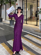 Shimmer Long-Sleeve Wrap Maxi Dress - Purple